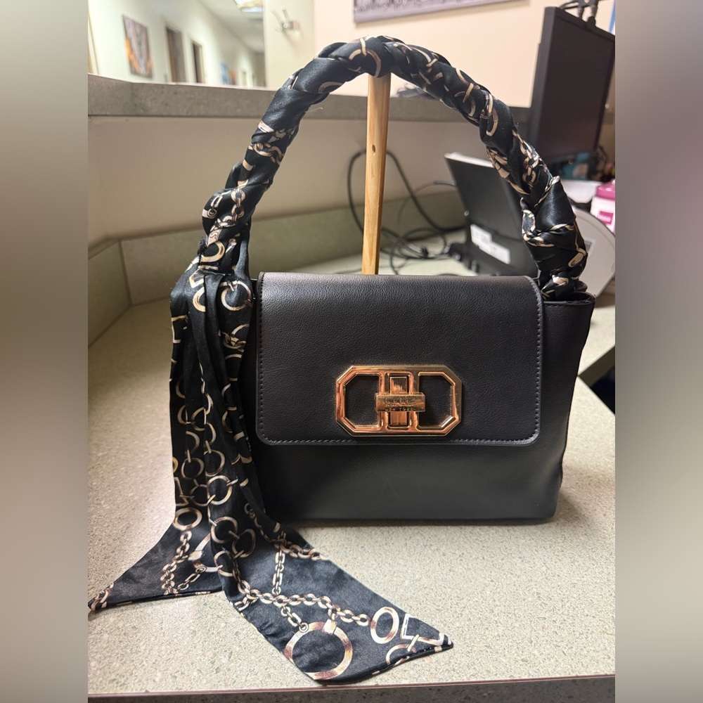 Nicole Miller New York Black Vegan Leather Top Handle Bag with Scarf